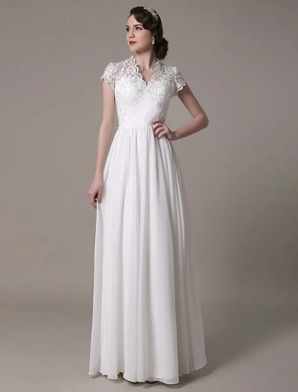 Sheath Wedding Dress V-Neck Lace Chiffon Pleated Floor Length Bridal Dress Exclusive