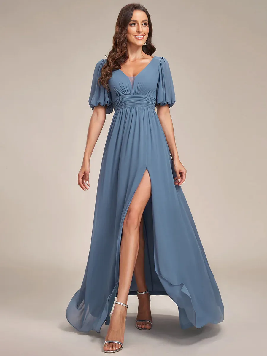 Short Balloon Sleeve Flowy Bridesmaid Dress