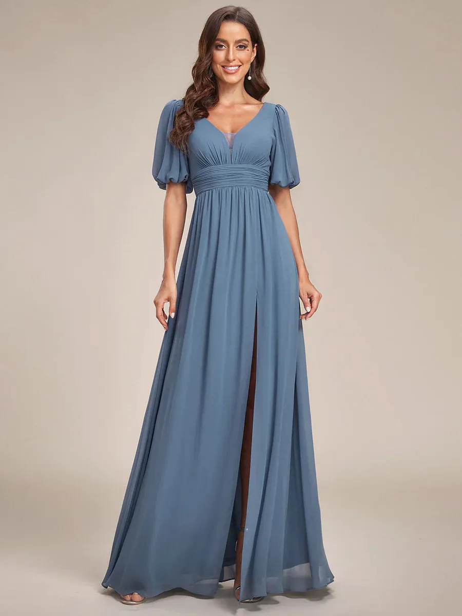 Short Balloon Sleeve Flowy Bridesmaid Dress