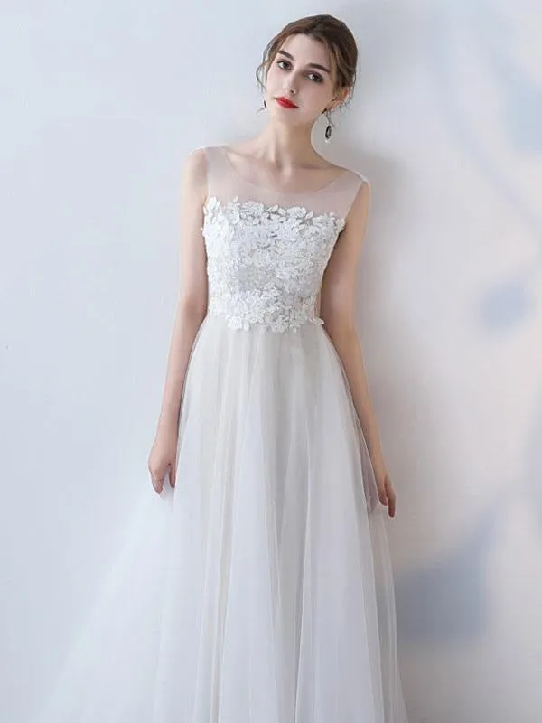 Simple Wedding Dress 2021 A Line Jewel Neck Sleeveless Bows Lace Tulle Bridal Dresses