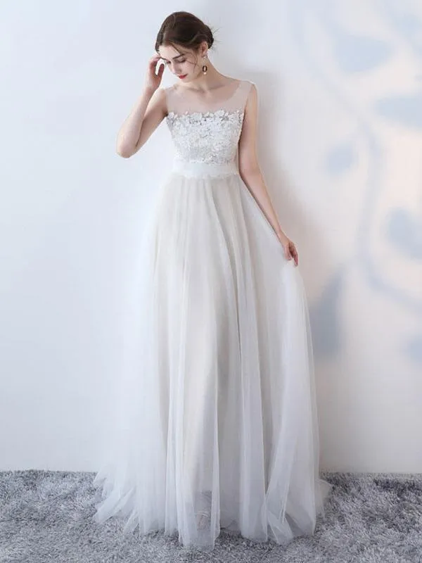 Simple Wedding Dress 2021 A Line Jewel Neck Sleeveless Bows Lace Tulle Bridal Dresses