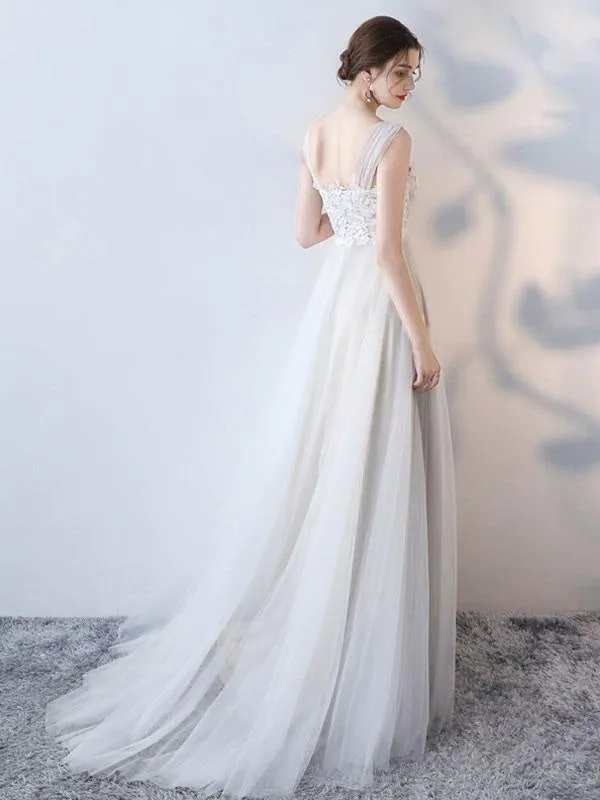 Simple Wedding Dress 2021 A Line Jewel Neck Sleeveless Bows Lace Tulle Bridal Dresses