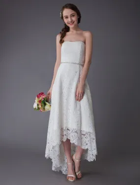 Simple Wedding Dresses Lace High Low Strapless Sash Asymmetrical Short Bridal Dress Exclusive