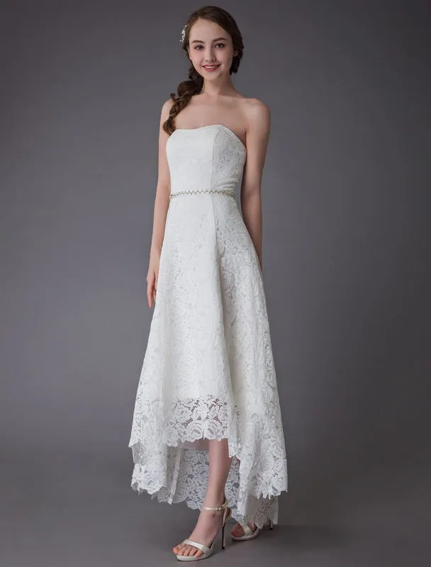 Simple Wedding Dresses Lace High Low Strapless Sash Asymmetrical Short Bridal Dress Exclusive