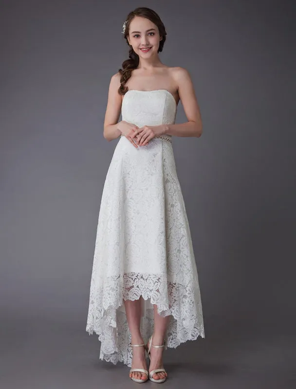 Simple Wedding Dresses Lace High Low Strapless Sash Asymmetrical Short Bridal Dress Exclusive