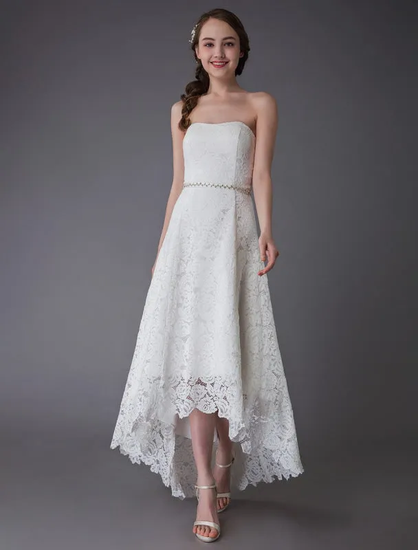 Simple Wedding Dresses Lace High Low Strapless Sash Asymmetrical Short Bridal Dress Exclusive