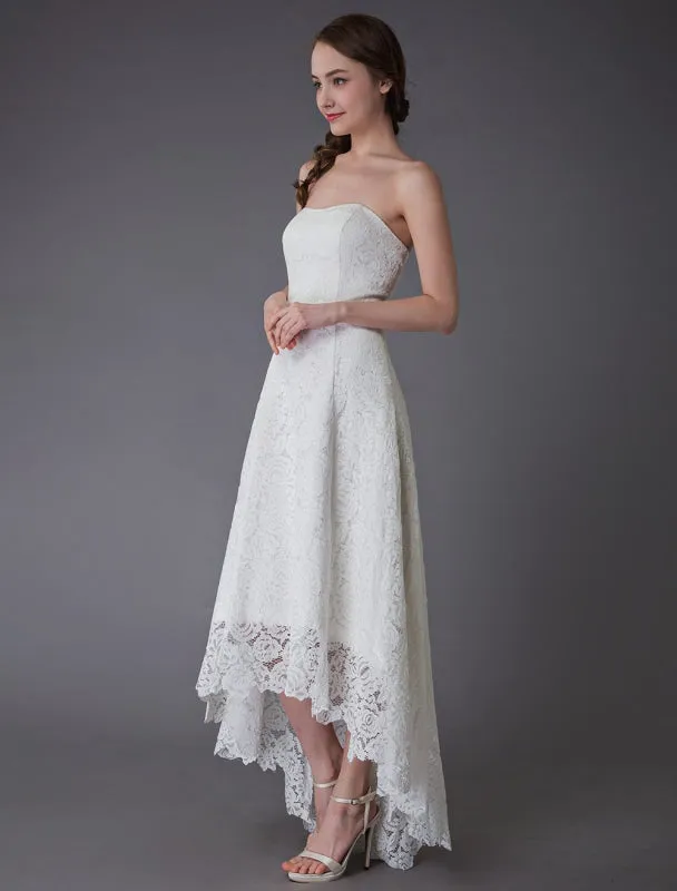 Simple Wedding Dresses Lace High Low Strapless Sash Asymmetrical Short Bridal Dress Exclusive