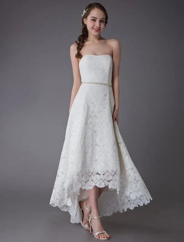 Simple Wedding Dresses Lace High Low Strapless Sash Asymmetrical Short Bridal Dress Exclusive