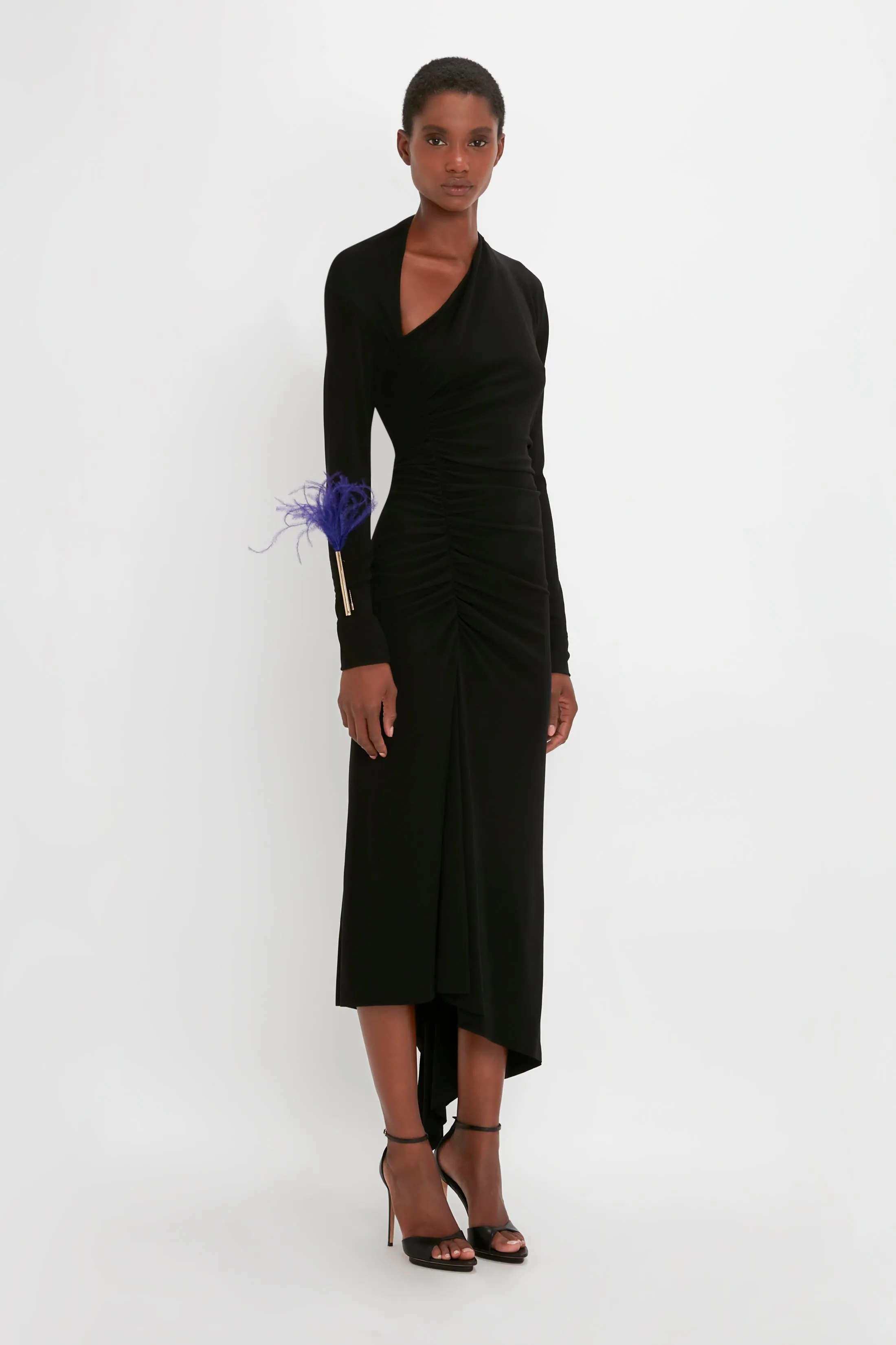 Slash-Neck Ruched Midi Dress In Black