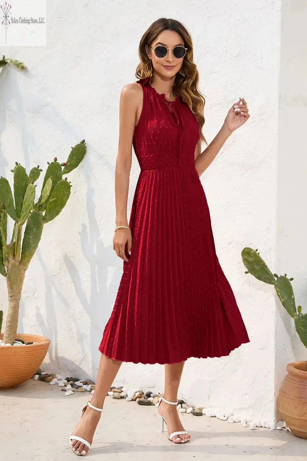 Sleeveless Midi Dress Casual Tie Neck