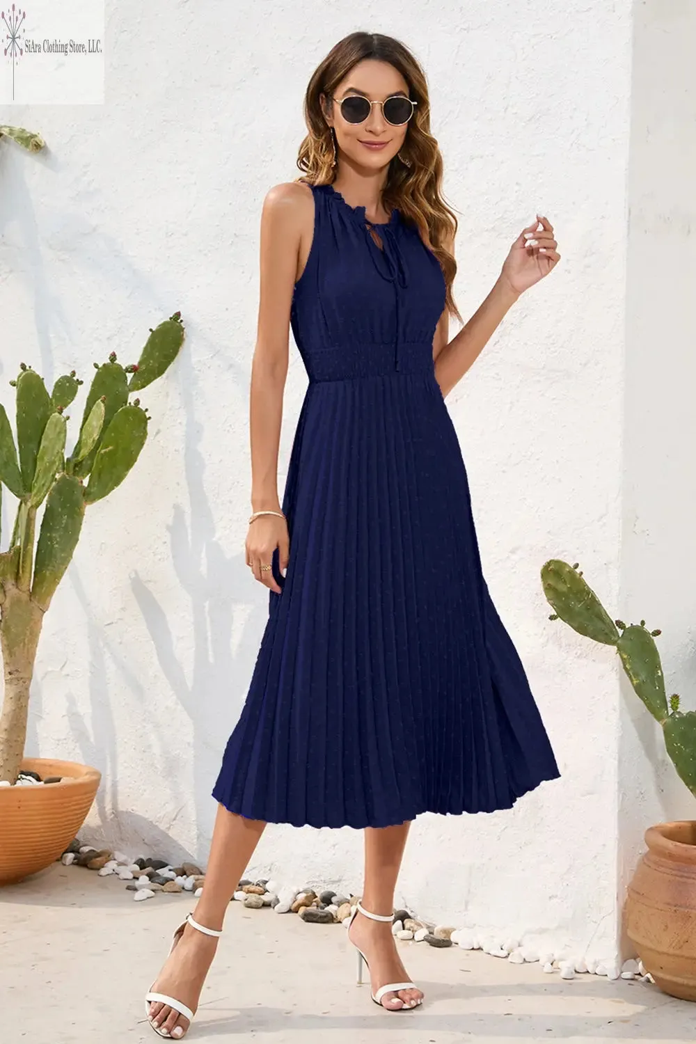 Sleeveless Midi Dress Casual Tie Neck