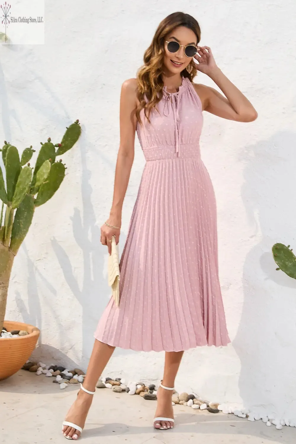 Sleeveless Midi Dress Casual Tie Neck