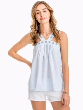 Southern Tide Clara Embroidered Seersucker Tank - Boat Blue