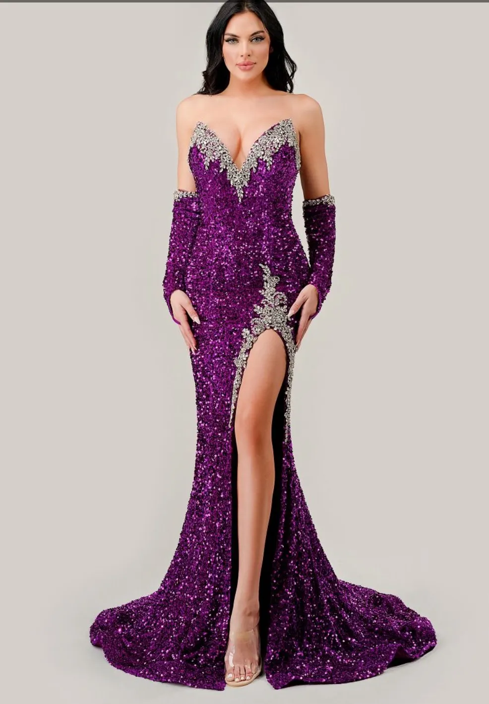 Elegant Strapless Sequin Gown with Matching Gloves