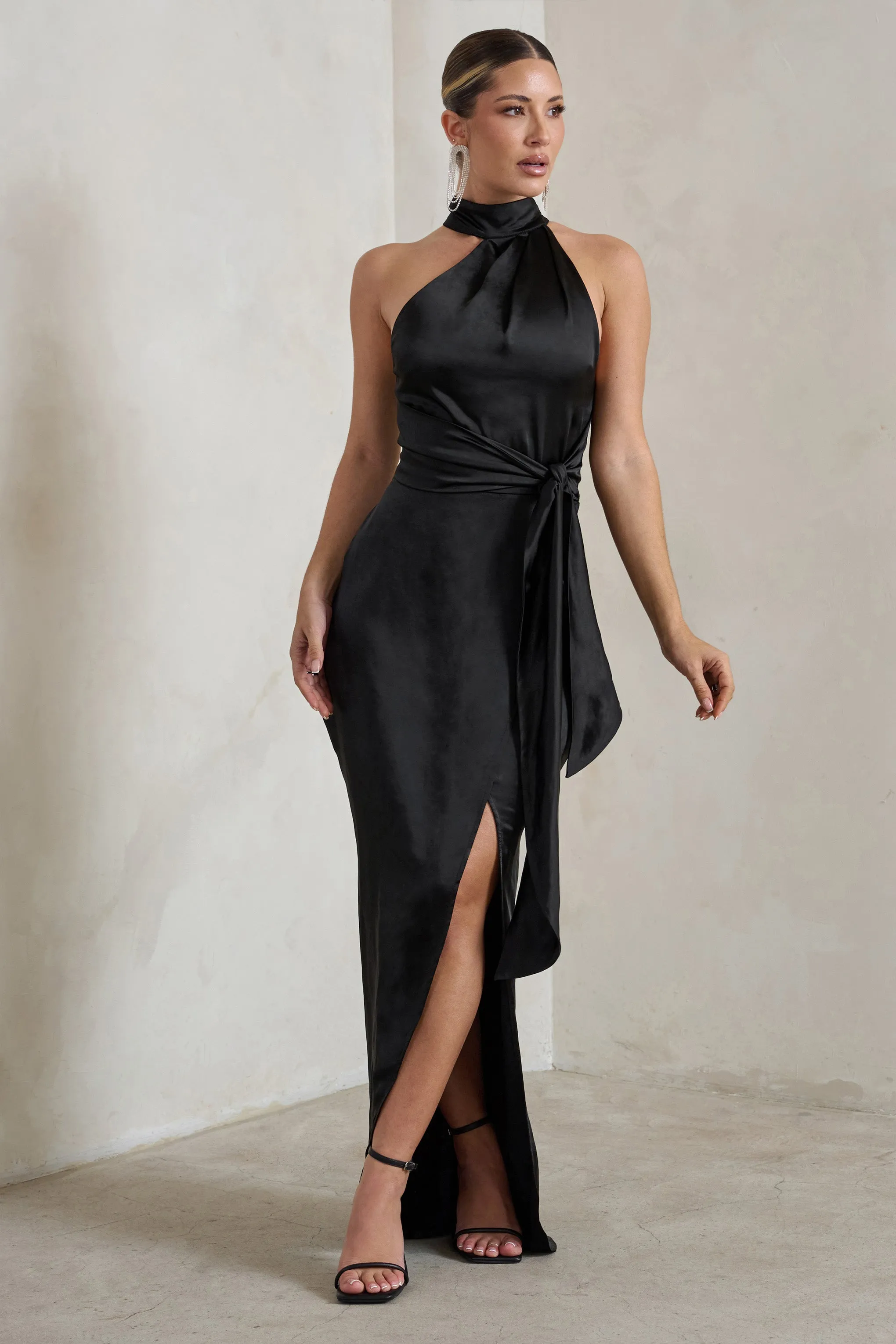 Tattianna | Black Asymmetric Tie Detail High Neck Satin Maxi Dress