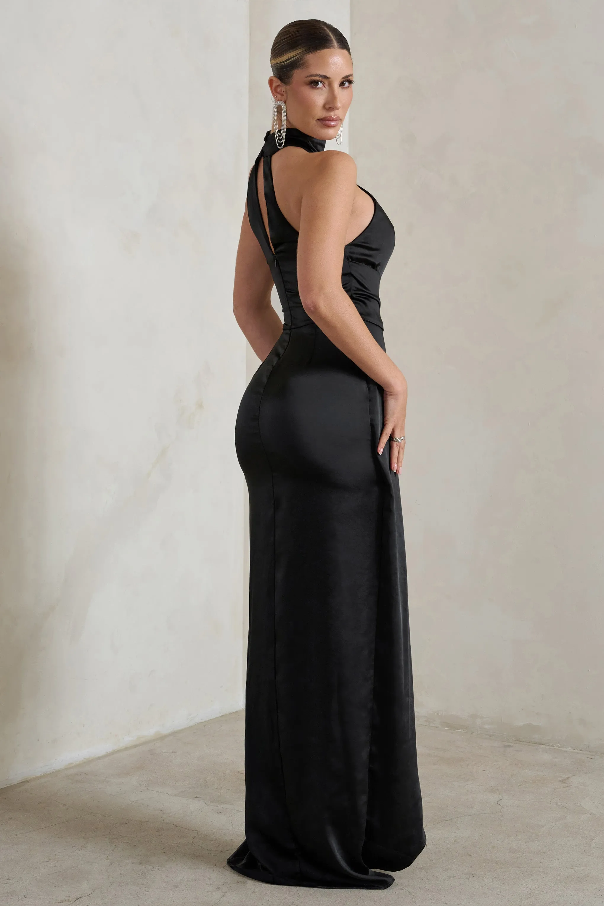 Tattianna | Black Asymmetric Tie Detail High Neck Satin Maxi Dress