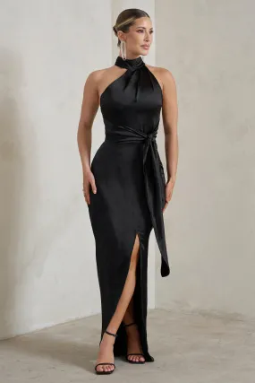 Tattianna | Black Asymmetric Tie Detail High Neck Satin Maxi Dress