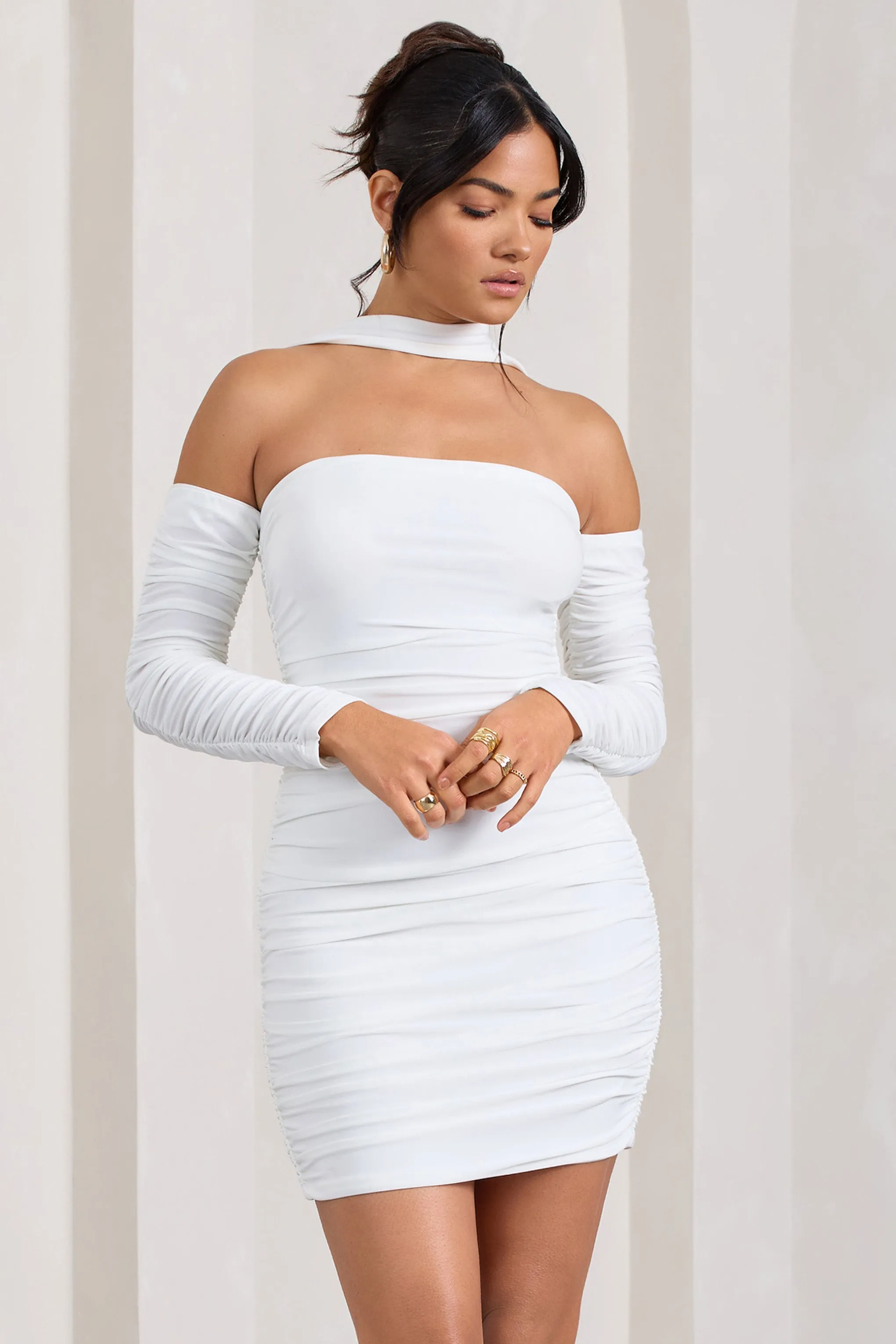 Thea | White Ruched Long-Sleeved Bodycon Mini Dress With Halter Collar