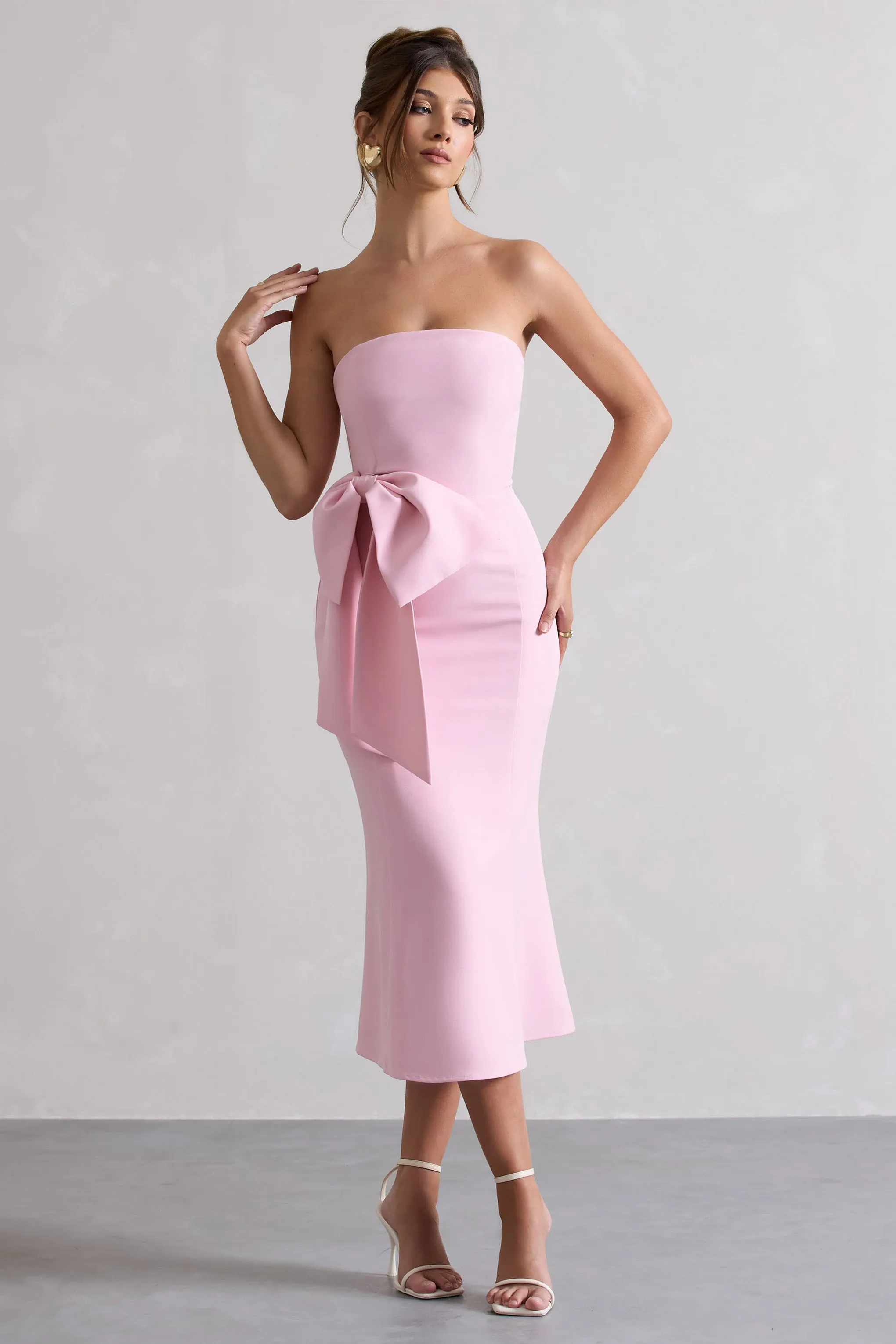 To Me | Pink Bandeau Midi Dress With Oversized Bow