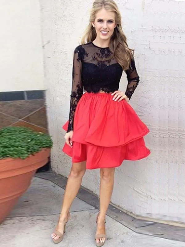 Two Piece Homecoming Dress Blak And Red Lace Homecoming Dress ER187