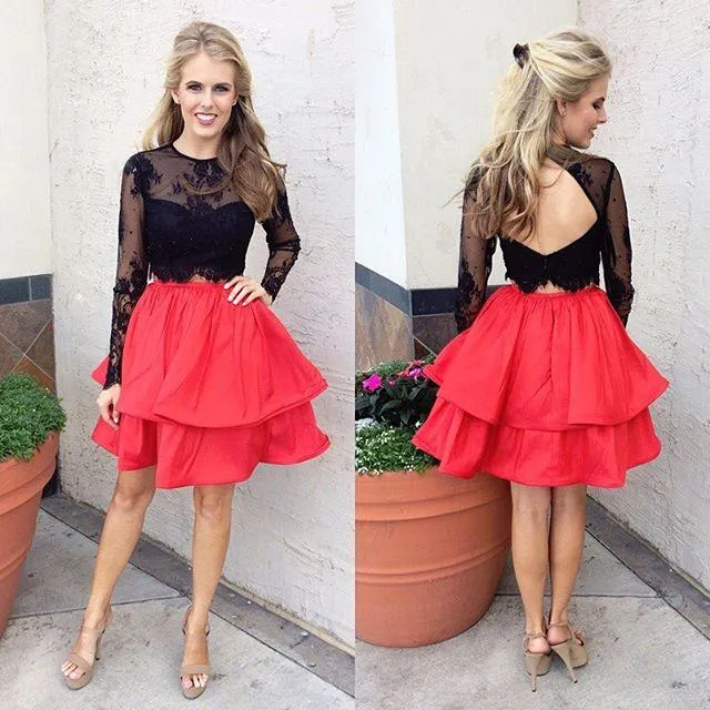 Two Piece Homecoming Dress Blak And Red Lace Homecoming Dress ER187