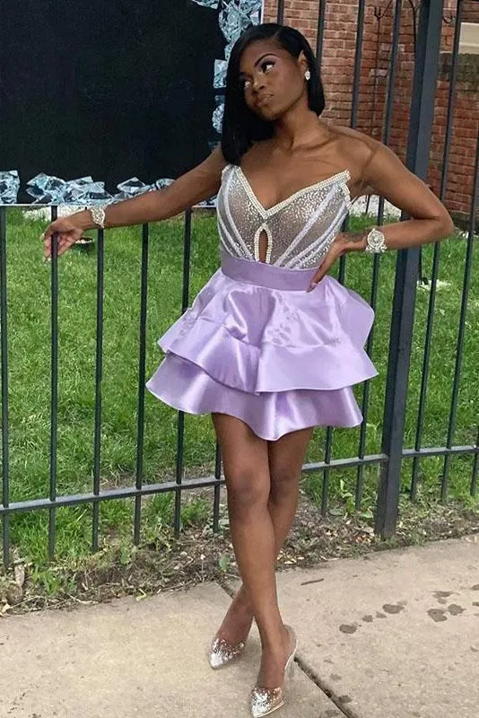 V Neck Purple Strapless Homecoming Dresses Satin Sequins Above Knee Short Prom Dress