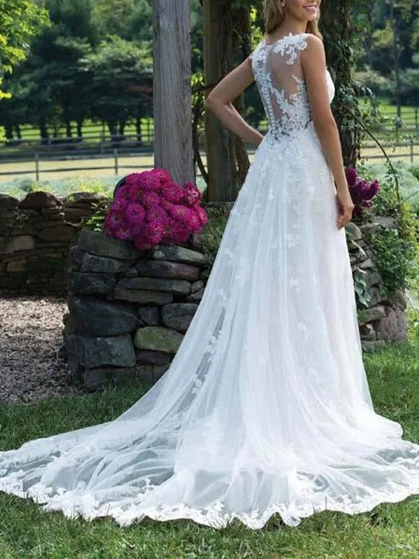 Wedding Dress Lace V Neck Sleeveless Sheath Floor Length Bridal Gown With Court Train