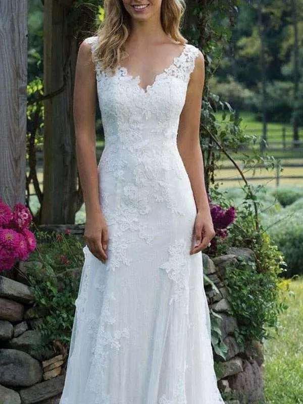 Wedding Dress Lace V Neck Sleeveless Sheath Floor Length Bridal Gown With Court Train