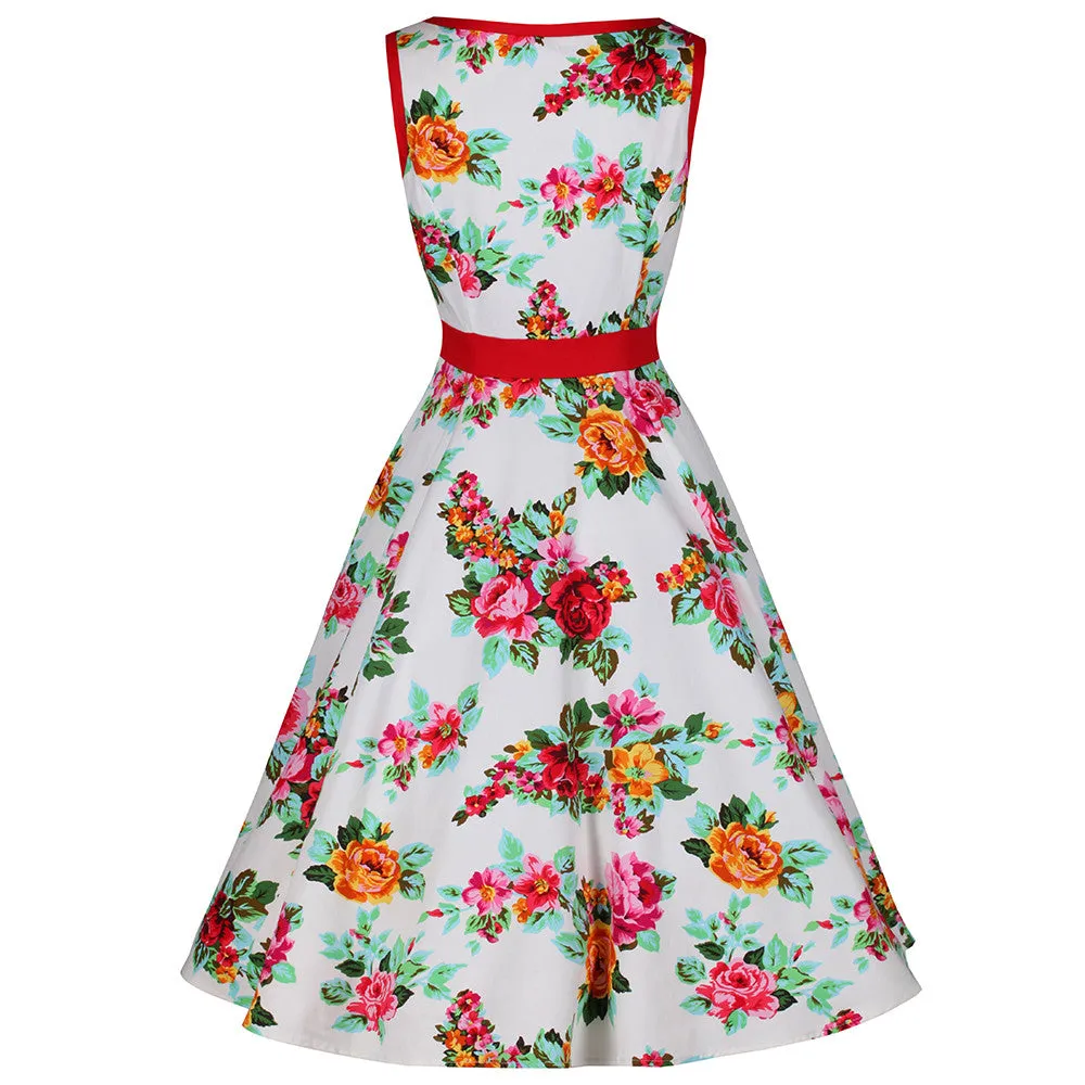 White and Multi Colour Floral Print Vintage 50s Swing Dress