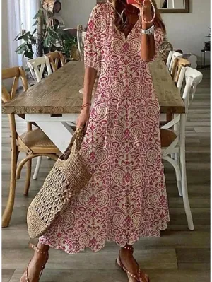 Women's A Line Dress Maxi long Dress Pink Half Sleeve Floral Ethnic Tribe Print Ruched Summer Spring Dress V Neck Stylish Casual Dress 2023 S M L XL XXL 3XL