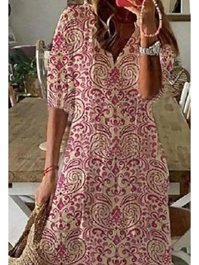 Women's A Line Dress Maxi long Dress Pink Half Sleeve Floral Ethnic Tribe Print Ruched Summer Spring Dress V Neck Stylish Casual Dress 2023 S M L XL XXL 3XL