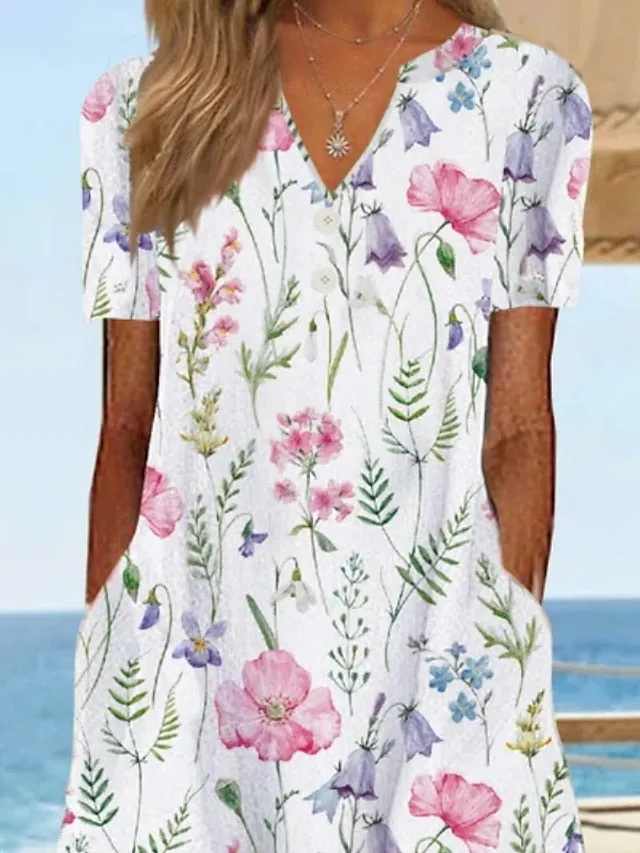 Women's Casual Dress T Shirt Dress Tee Dress Shift Dress Midi Dress White Yellow Pink Short Sleeve Floral Print Summer Spring V Neck Basic Vacation Summer Dress Spring Dress 2023 S M L XL XXL 3XL