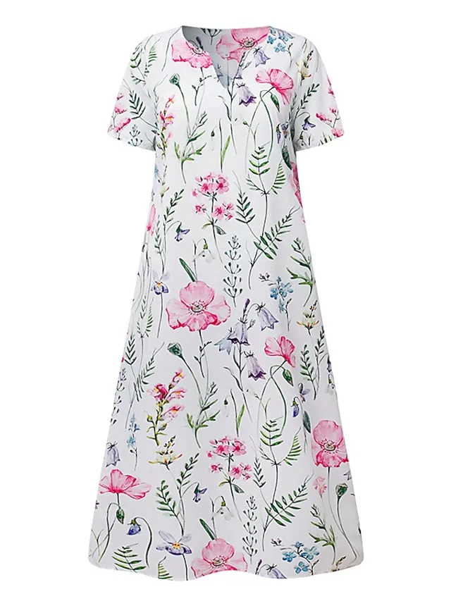 Women's Casual Dress T Shirt Dress Tee Dress Shift Dress Midi Dress White Yellow Pink Short Sleeve Floral Print Summer Spring V Neck Basic Vacation Summer Dress Spring Dress 2023 S M L XL XXL 3XL