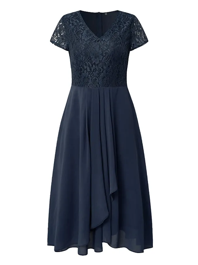 Women's Party Dress Chiffon Dress Formal Dress Midi Dress Navy Blue Short Sleeve Floral Ruched Spring Summer V Neck Vacation Wedding Guest Date Vacation 2023 S M L XL XXL 3XL