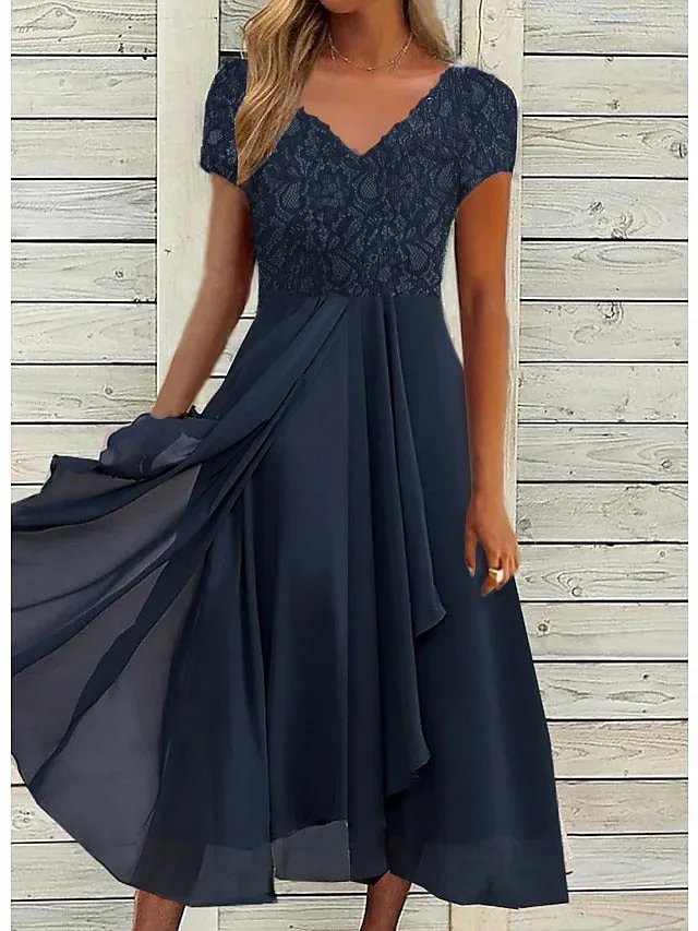 Women's Party Dress Chiffon Dress Formal Dress Midi Dress Navy Blue Short Sleeve Floral Ruched Spring Summer V Neck Vacation Wedding Guest Date Vacation 2023 S M L XL XXL 3XL