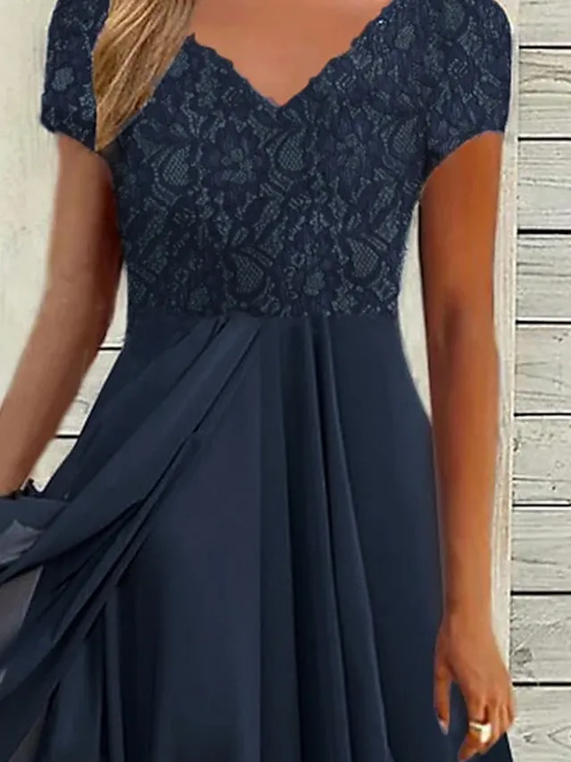 Women's Party Dress Chiffon Dress Formal Dress Midi Dress Navy Blue Short Sleeve Floral Ruched Spring Summer V Neck Vacation Wedding Guest Date Vacation 2023 S M L XL XXL 3XL